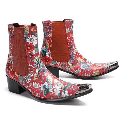 Mens Handmade Floral Top-Grain Leather Chelsea Boots