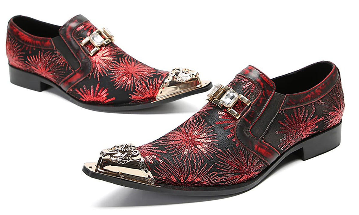 Mens Metal Tip Toe Sequins Fireworks White Diamond Chain Western Loafers