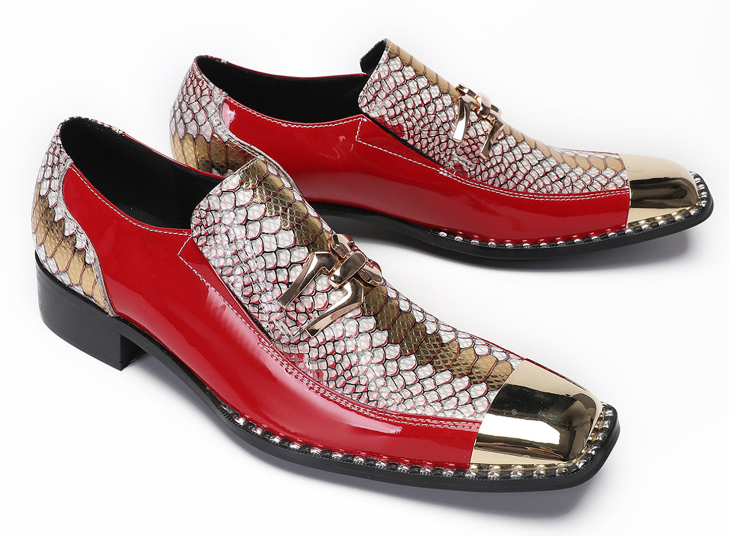 Mens Genuine Leather Sequin Metal Square Toe Western Loafers