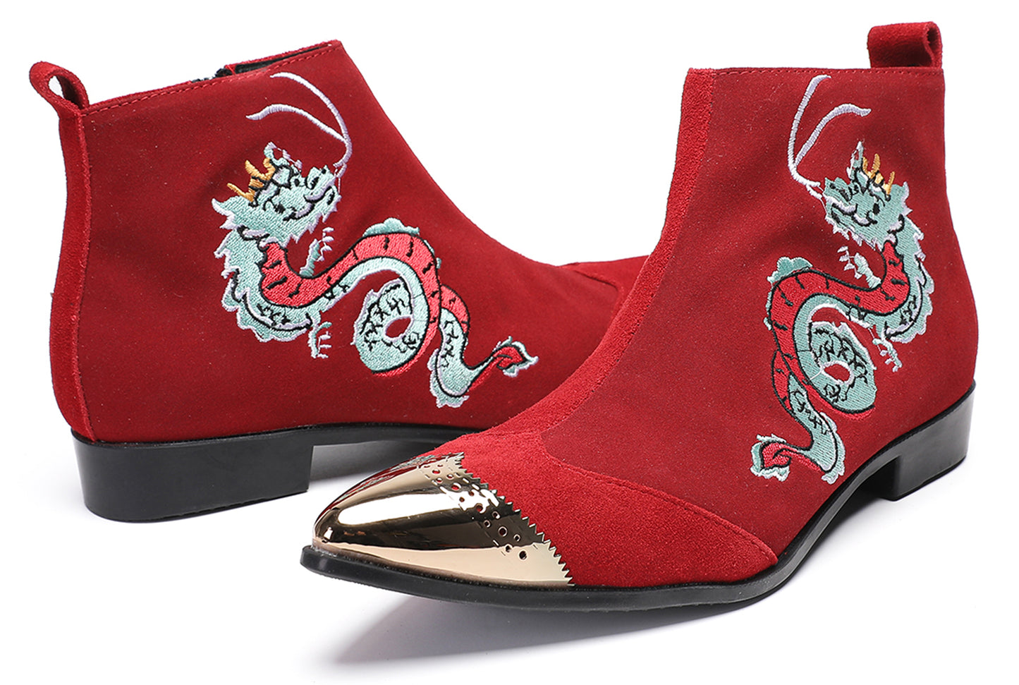 Mens Red Suede Dragon Embroidered Ankle Cowboy Western Boots