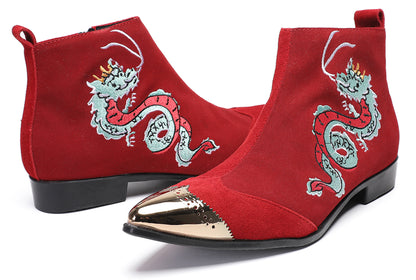 Mens Red Suede Dragon Embroidered Ankle Cowboy Western Boots