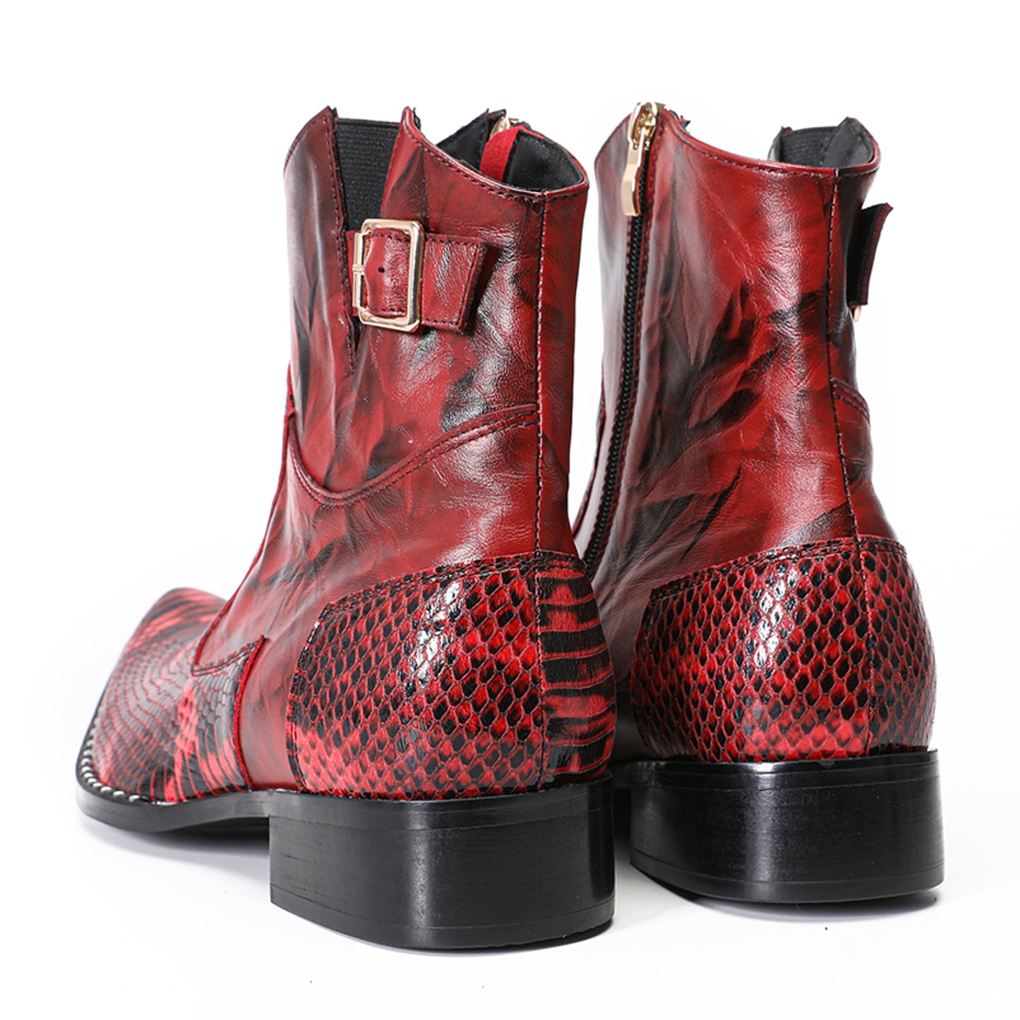 Mens Top-Grain Leather Snake-Embossed Cowboy Western Ankle Boots