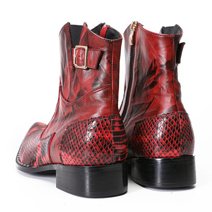 Mens Top-Grain Leather Snake-Embossed Cowboy Western Ankle Boots