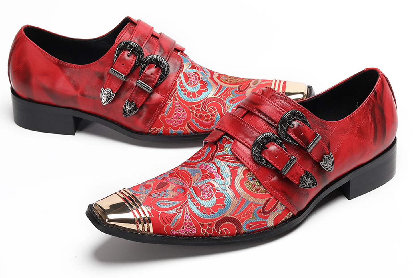 Mens Metal Toe Cap Floral Embroidered Monk Strap Buckle Western Loafers
