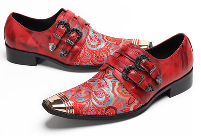 Mens Metal Toe Cap Floral Embroidered Monk Strap Buckle Western Loafers