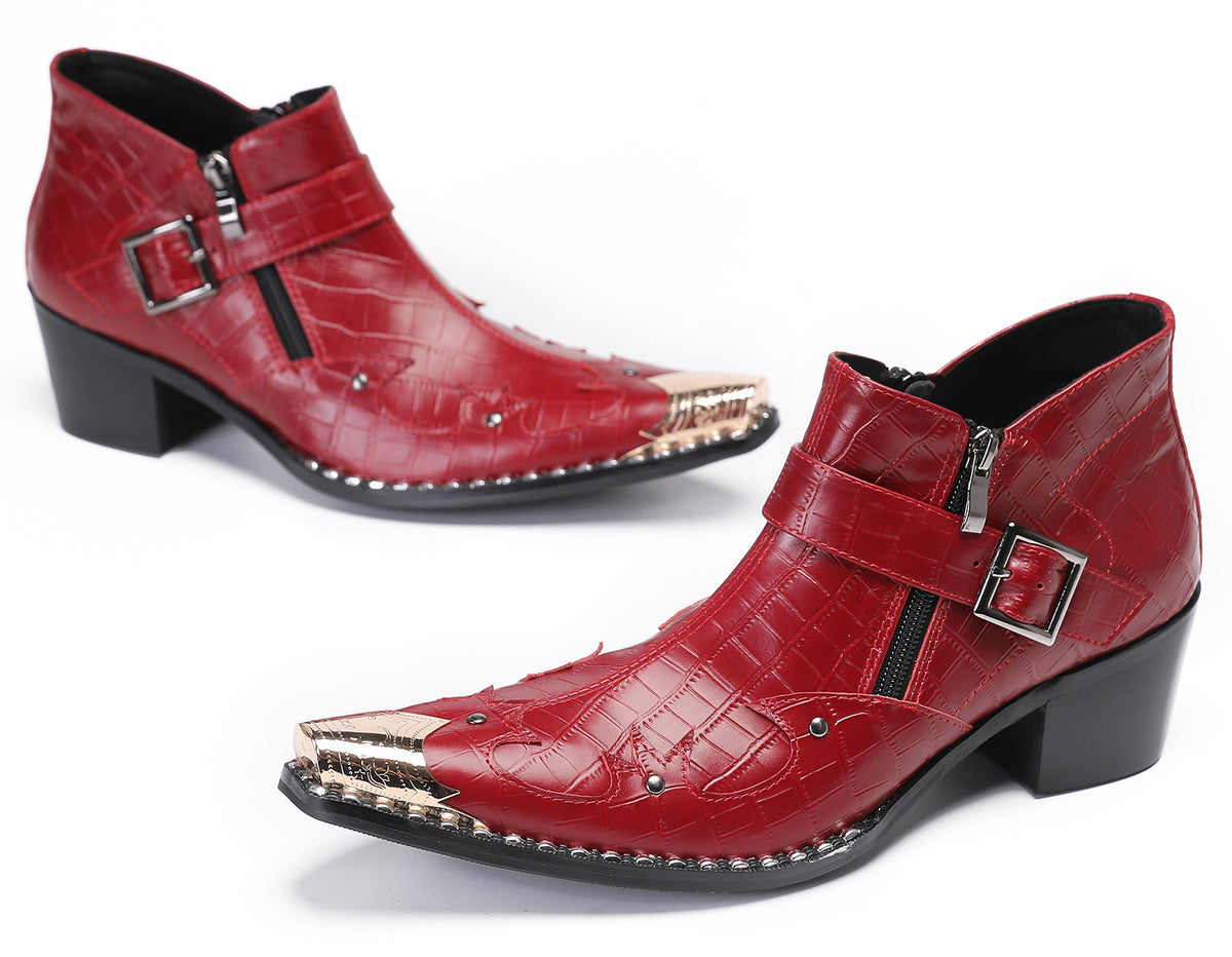 Mens Snakeskin Texture Metal Toe Double Zipper Ankle Western Boots