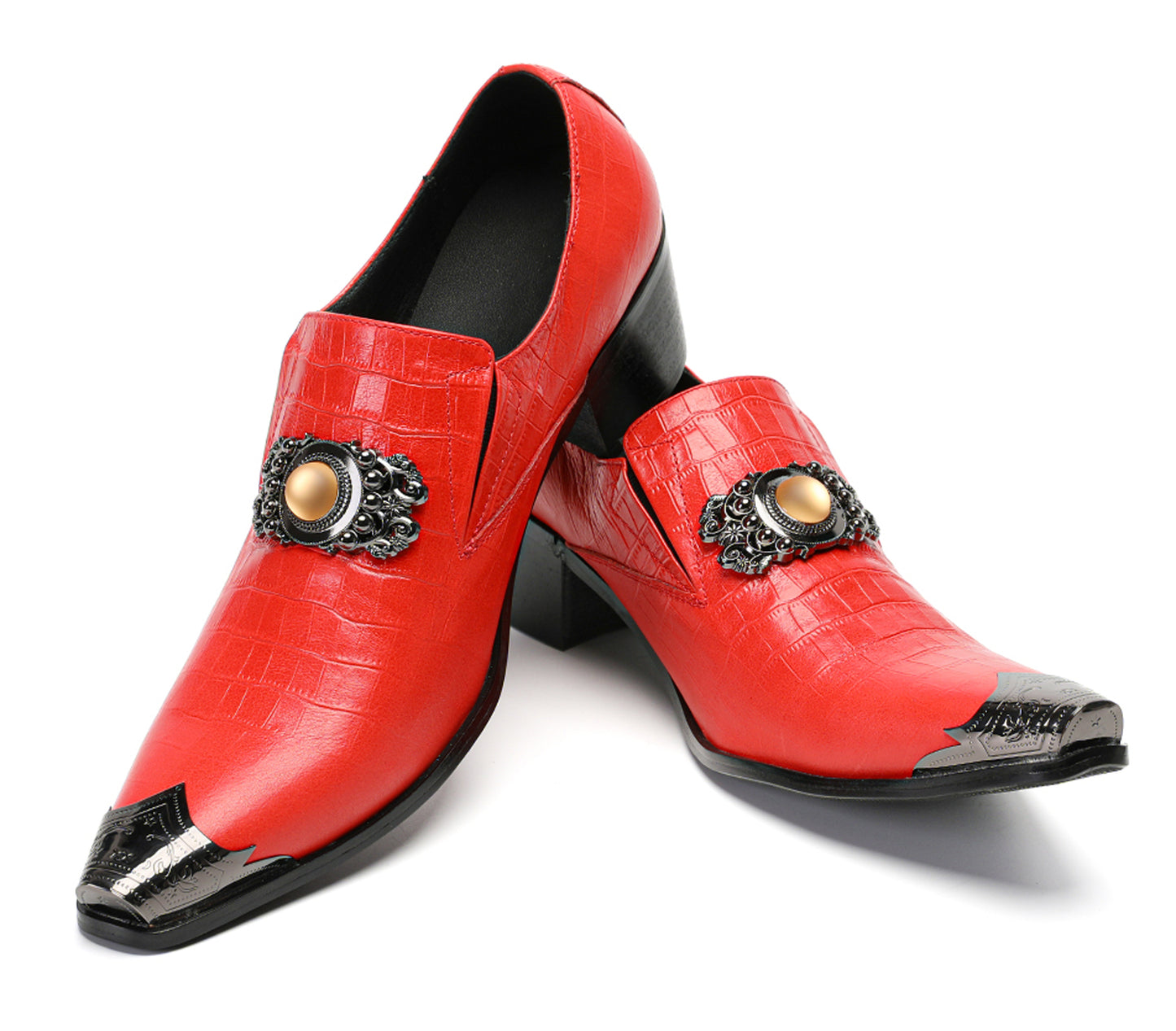 Mens Top-Grain Leather Handmade Croc-Embossed Red Western Loafers