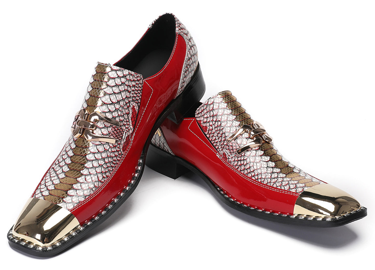 Mens Genuine Leather Sequin Metal Square Toe Western Loafers