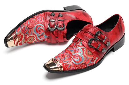 Mens Metal Toe Cap Floral Embroidered Monk Strap Buckle Western Loafers