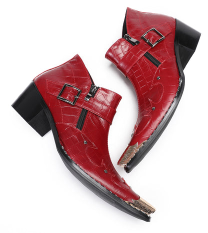 Mens Snakeskin Texture Metal Toe Double Zipper Ankle Western Boots