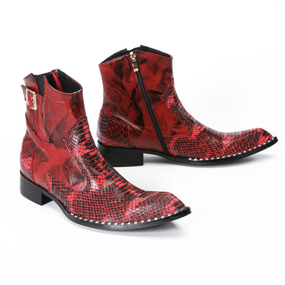 Mens Top-Grain Leather Snake-Embossed Cowboy Western Ankle Boots