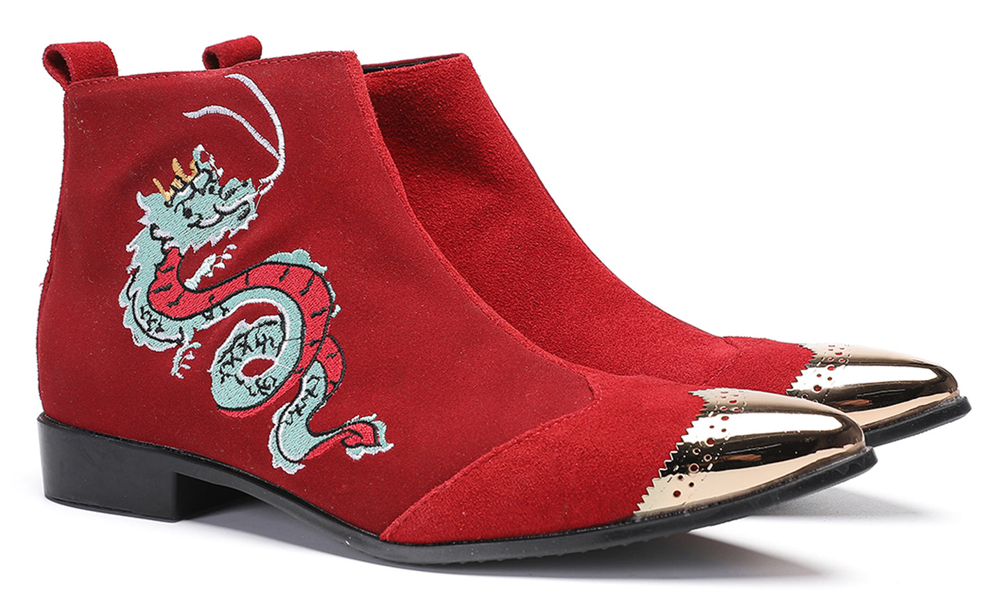 Mens Red Suede Dragon Embroidered Ankle Cowboy Western Boots
