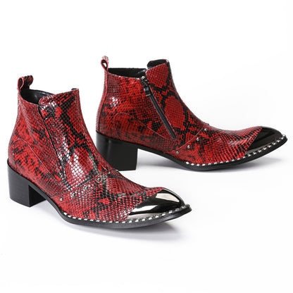 Mens Red Snake Embossed Leather Metal Toe Zip Ankle Western Boots
