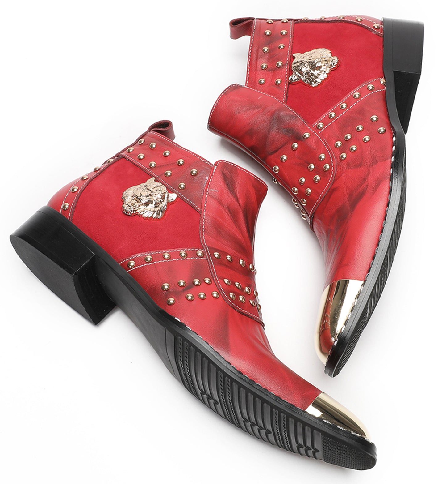 Mens Casual Dress Red Gold Tiger Head Metal Square Toe Western Boots
