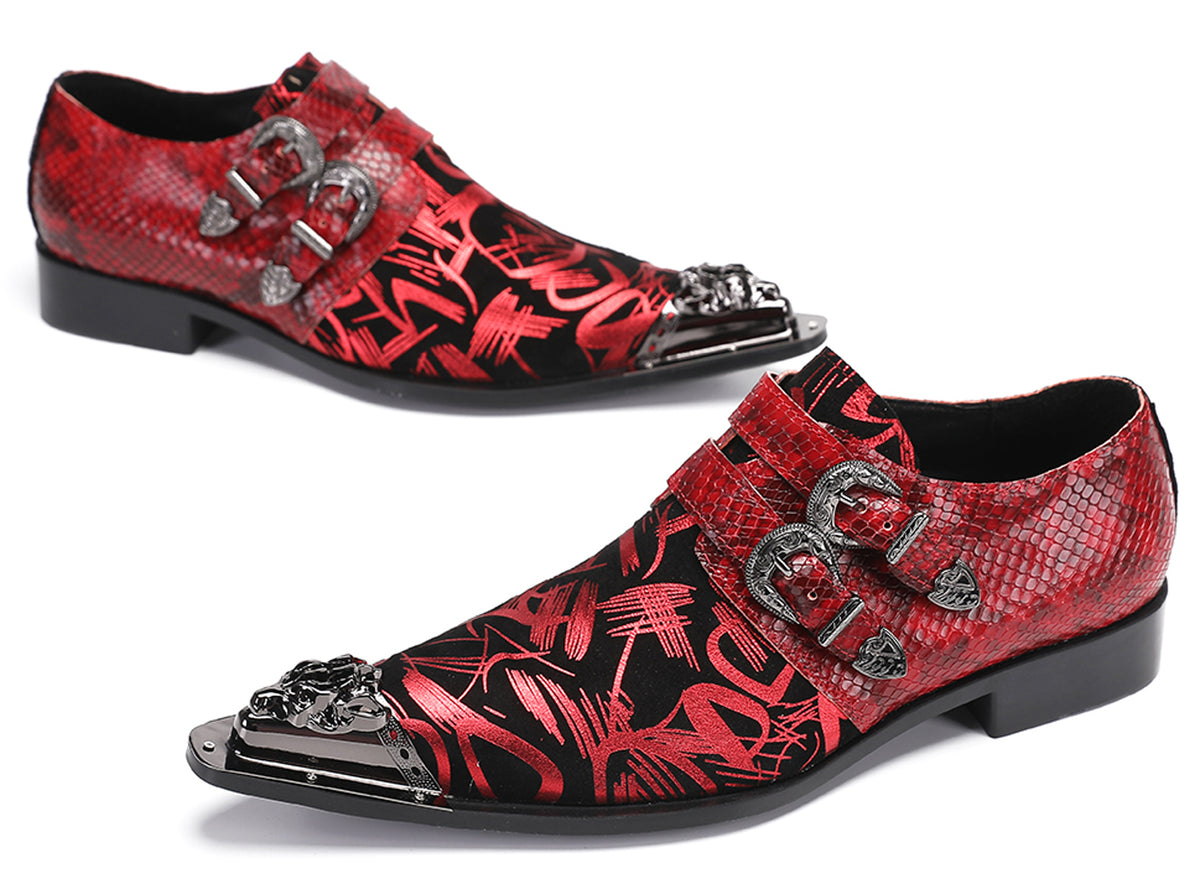 Mens Party Casual Double Buckle Floral Western Loafers