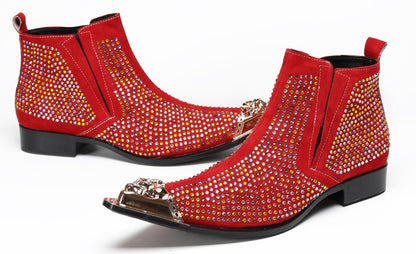 Mens Rhinestone Sparkling Suede Crystal Studded Western Chelsea Boots