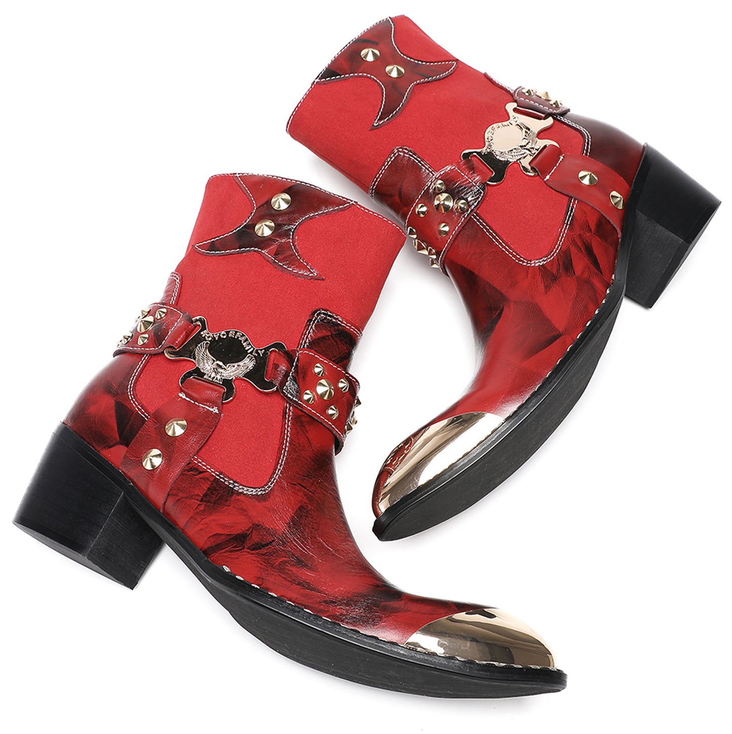 Mens Top-Grain Leather Studded Skull Buckle Punk Cowboy Western Boots