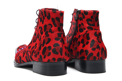 Mens Suede Red Leopard Prin Studded Ankle Western Oxfords Boots