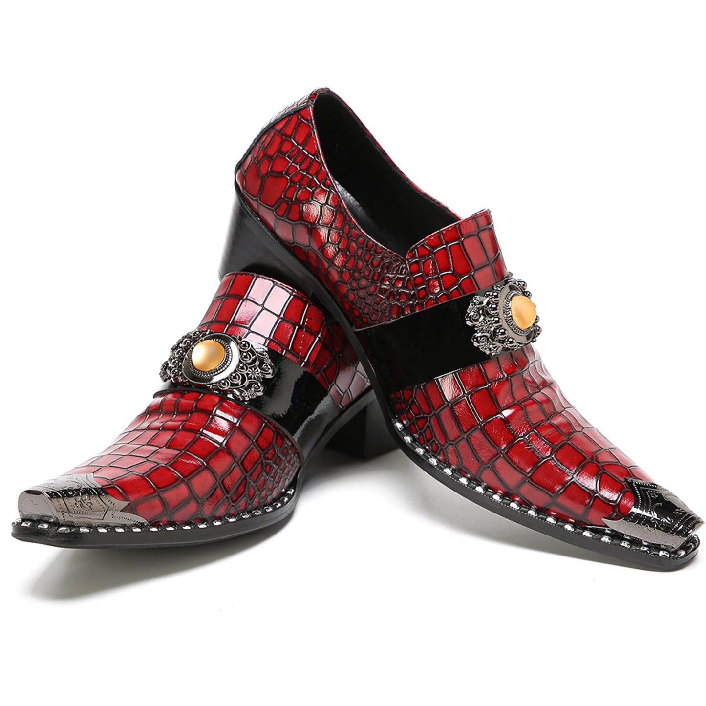 Mens Top-Grain Leather Red Crocodile Embossed Slip-On Western Loafers