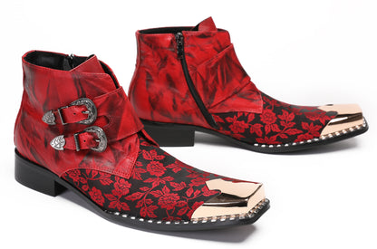 Mens Party Red Dress Metal Square Toe Floral Buckle Western Boots