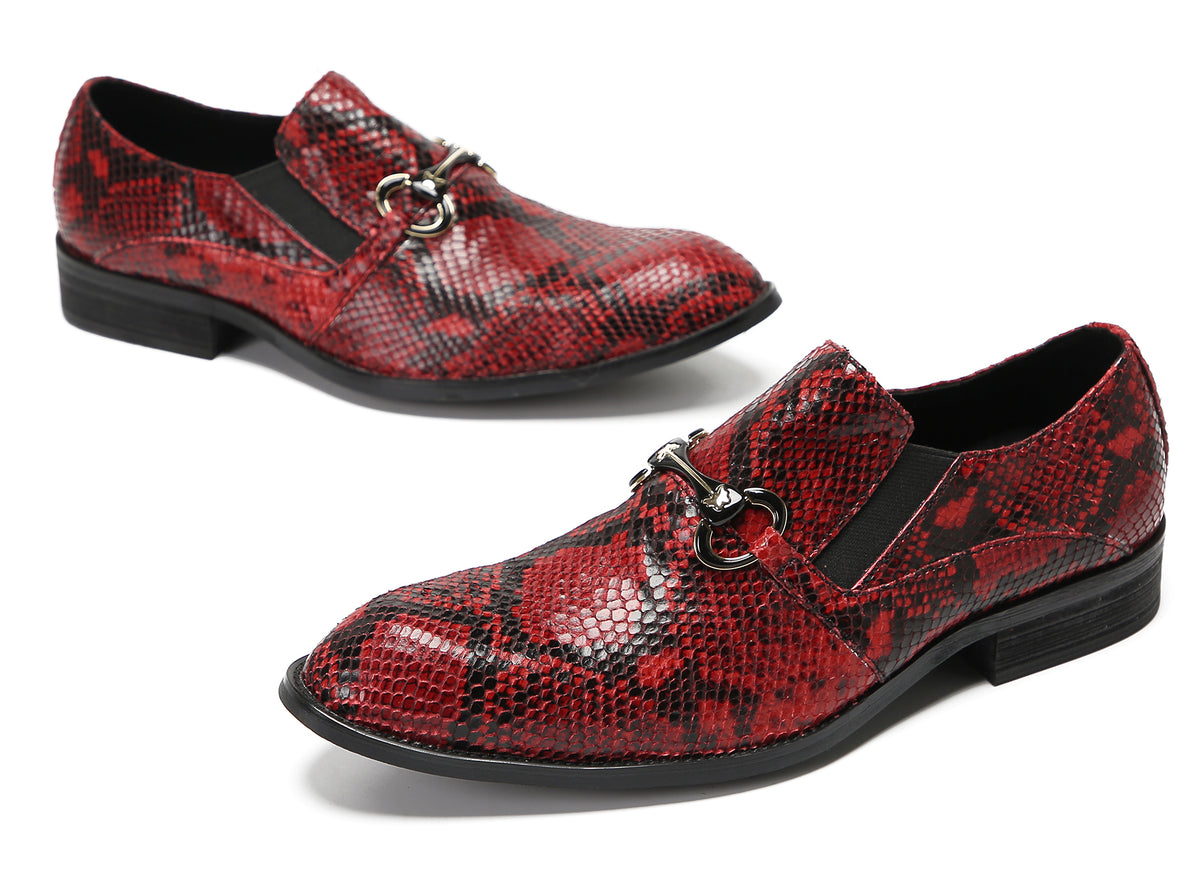Mens Red Dress Crocodile Printed Gold Buckle Loafers