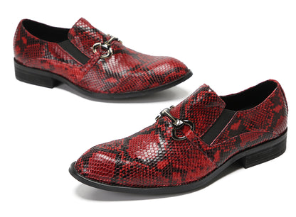 Mens Red Dress Crocodile Printed Gold Buckle Loafers