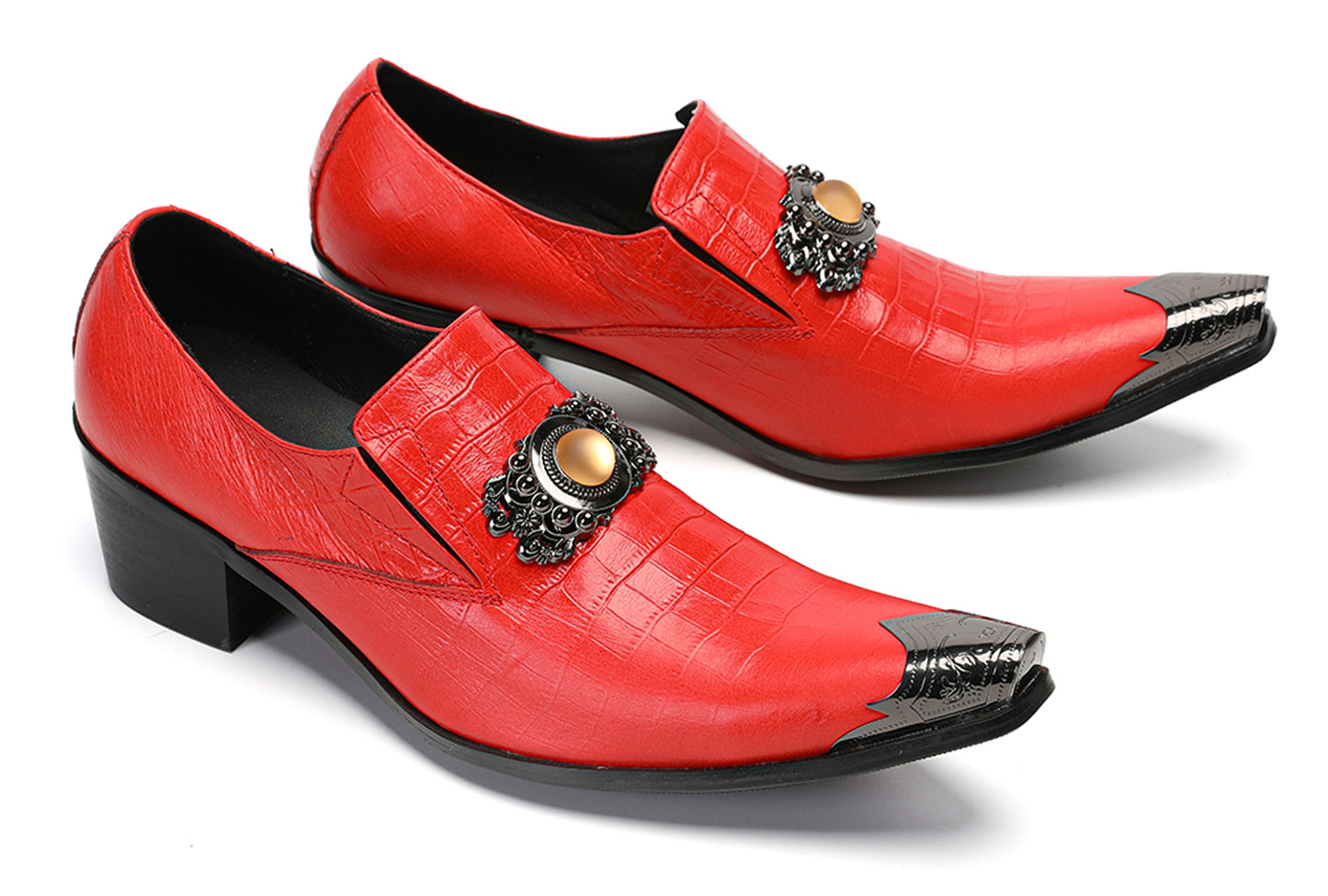 Mens Top-Grain Leather Handmade Croc-Embossed Red Western Loafers