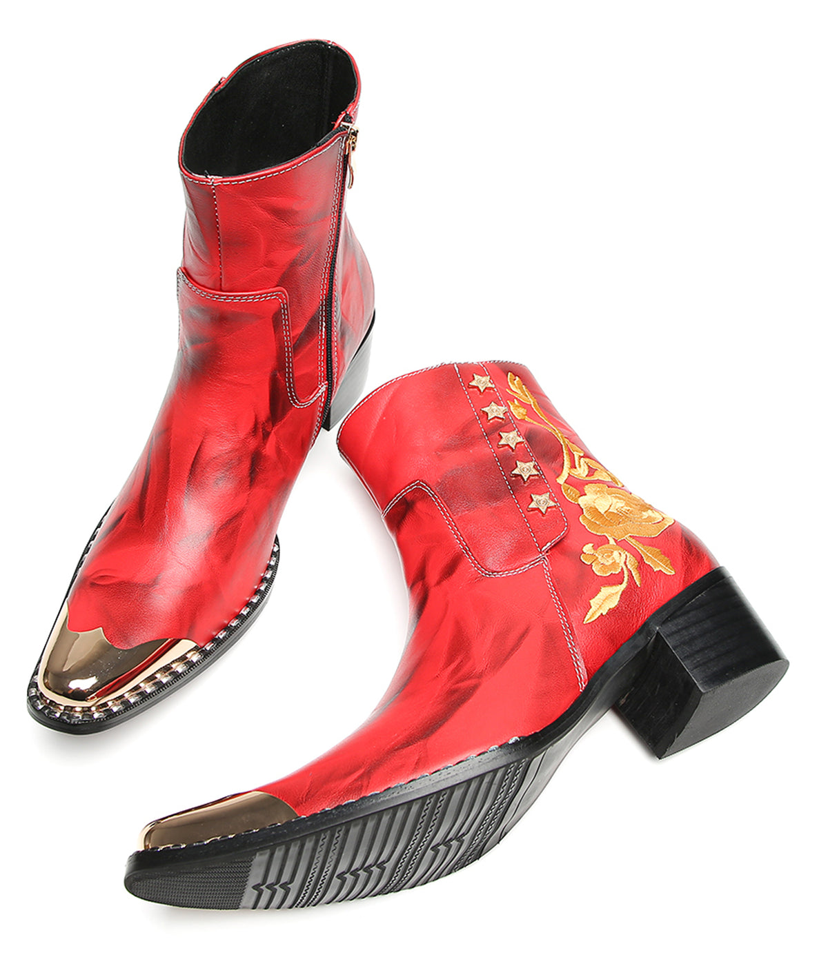 Mens Embroidered Rose Side Zip Metal Toe Cowboy Western Boots