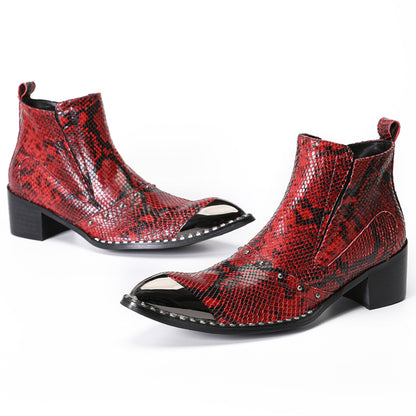 Mens Red Snake Embossed Leather Metal Toe Zip Ankle Western Boots