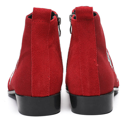 Mens Red Suede Dragon Embroidered Ankle Cowboy Western Boots