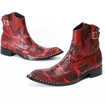Mens Top-Grain Leather Snake-Embossed Cowboy Western Ankle Boots