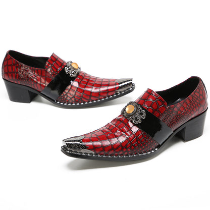 Mens Top-Grain Leather Red Crocodile Embossed Slip-On Western Loafers