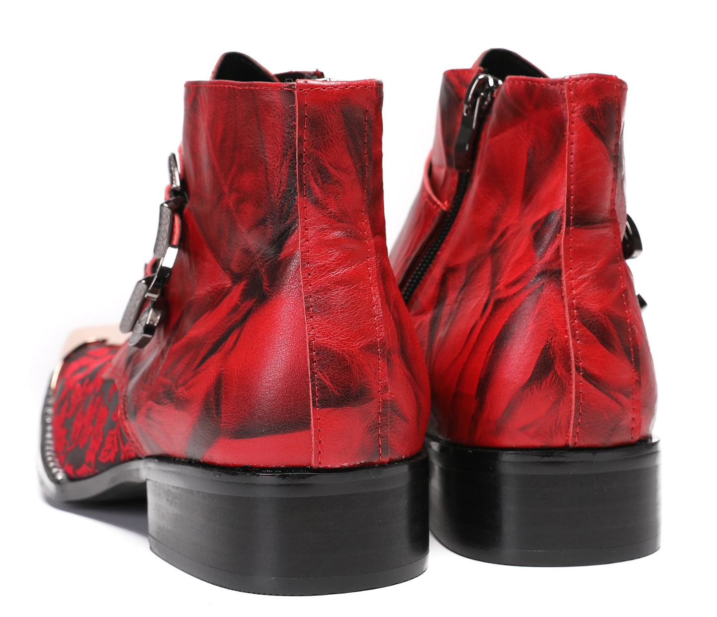 Mens Party Red Dress Metal Square Toe Floral Buckle Western Boots