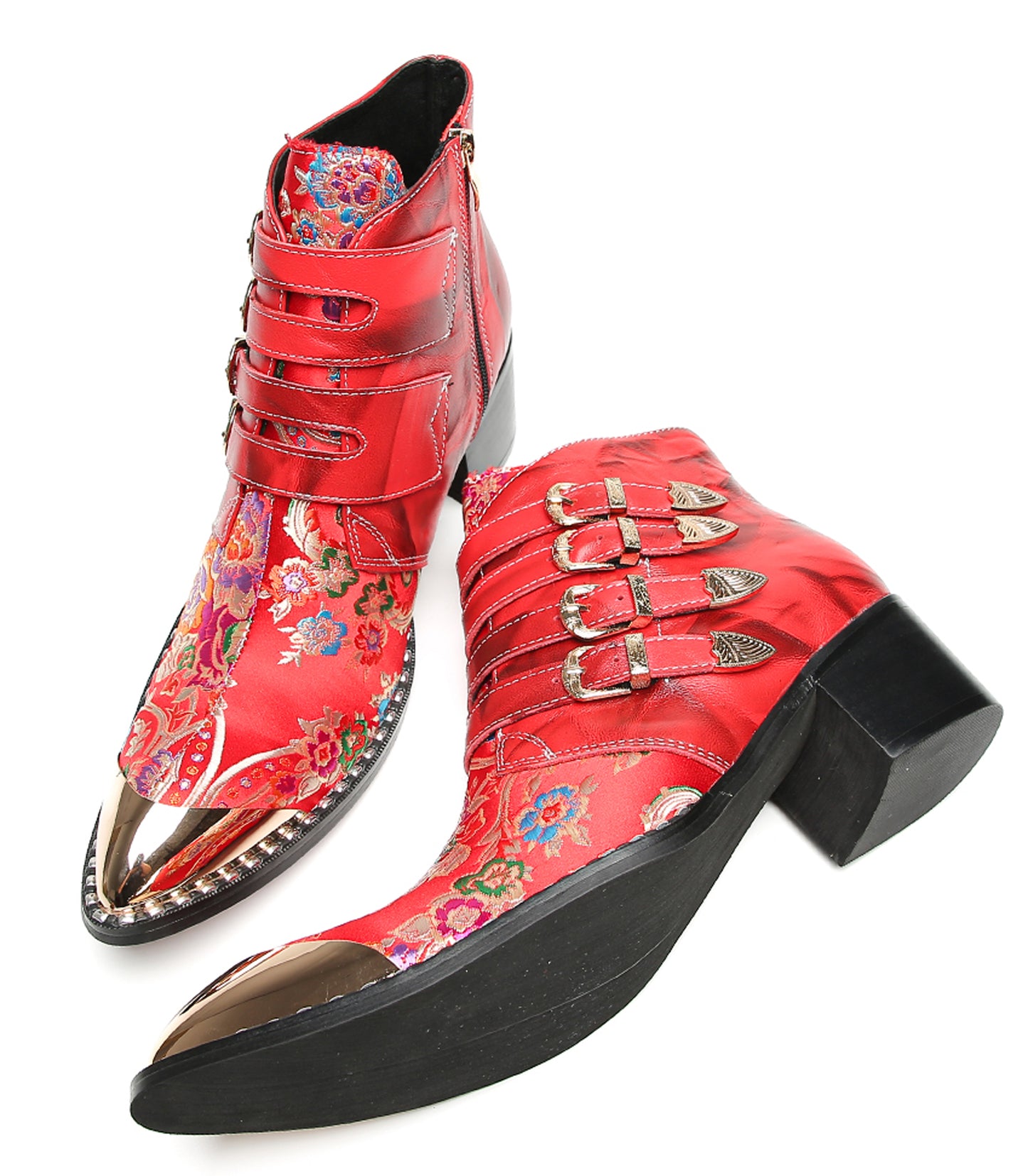 Mens Buckle Strap Floral Embroidery Cowboy Western Boots