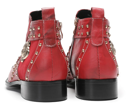 Mens Casual Dress Red Gold Tiger Head Metal Square Toe Western Boots