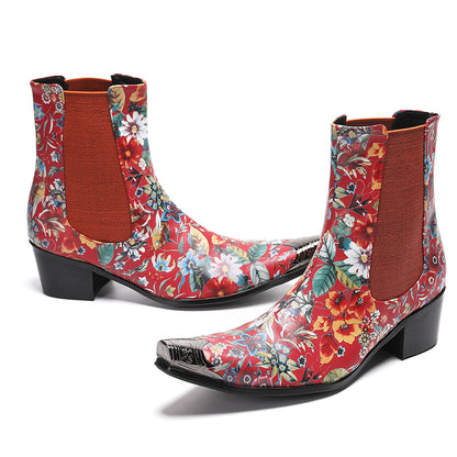 Mens Handmade Floral Top-Grain Leather Chelsea Boots