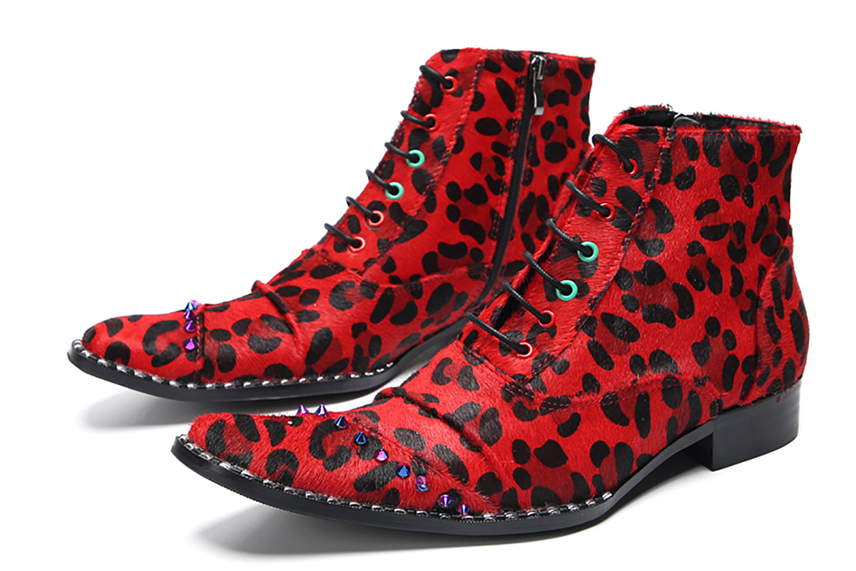 Mens Suede Red Leopard Prin Studded Ankle Western Oxfords Boots