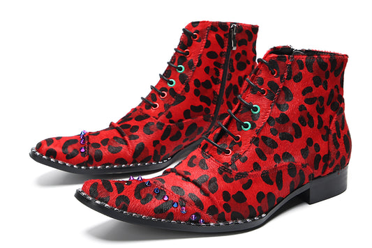 Mens Suede Red Leopard Prin Studded Ankle Western Oxfords Boots
