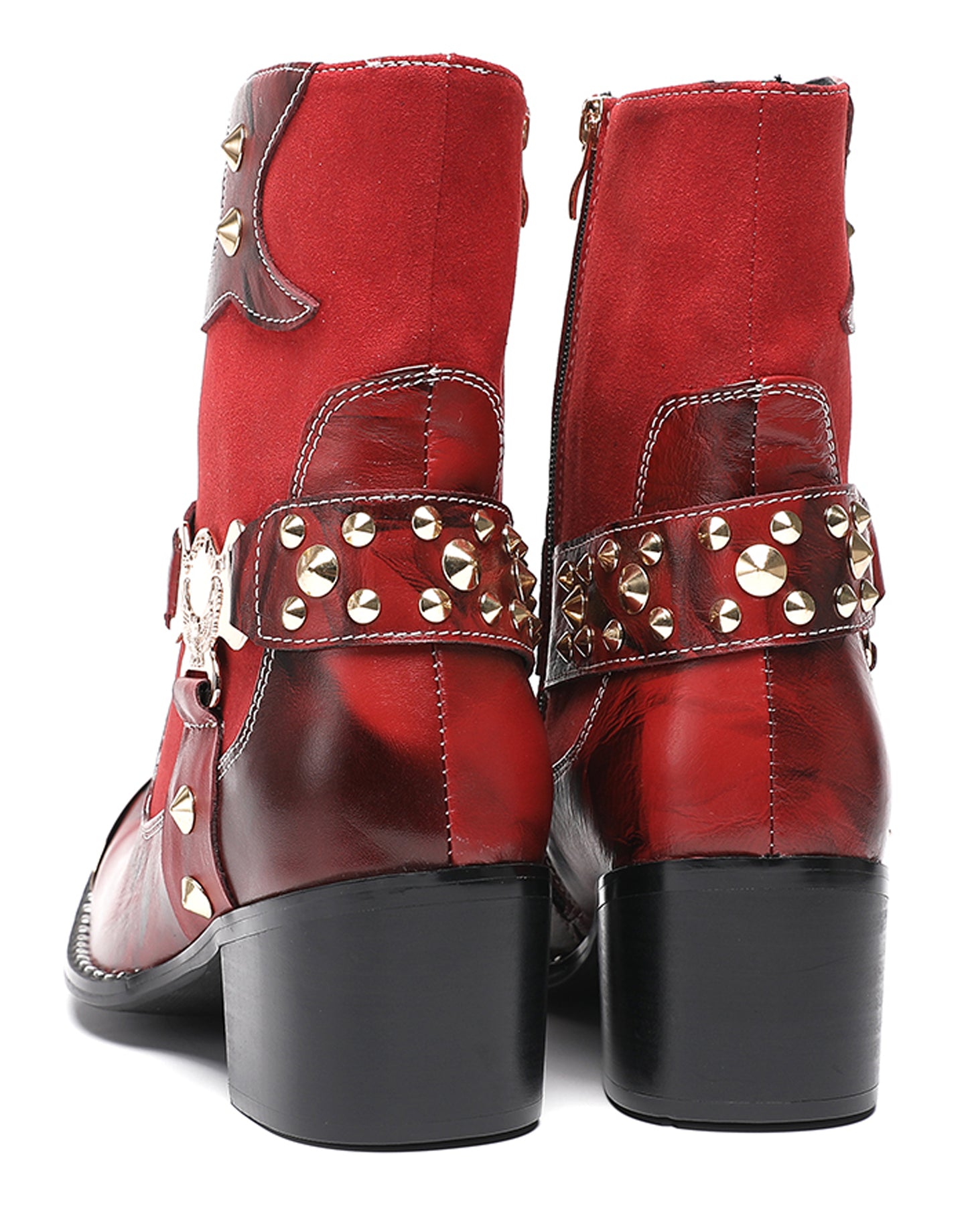Mens Top-Grain Leather Studded Skull Buckle Punk Cowboy Western Boots