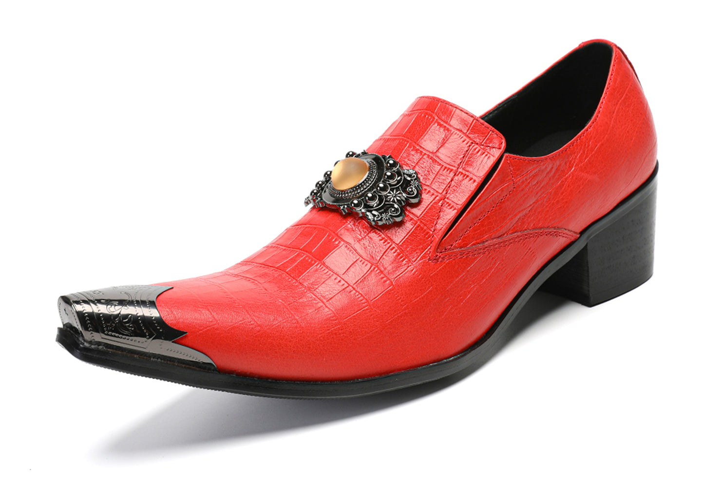 Mens Top-Grain Leather Handmade Croc-Embossed Red Western Loafers