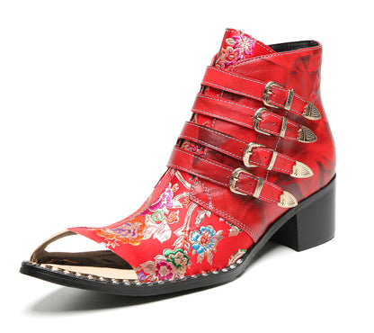 Mens Buckle Strap Floral Embroidery Cowboy Western Boots