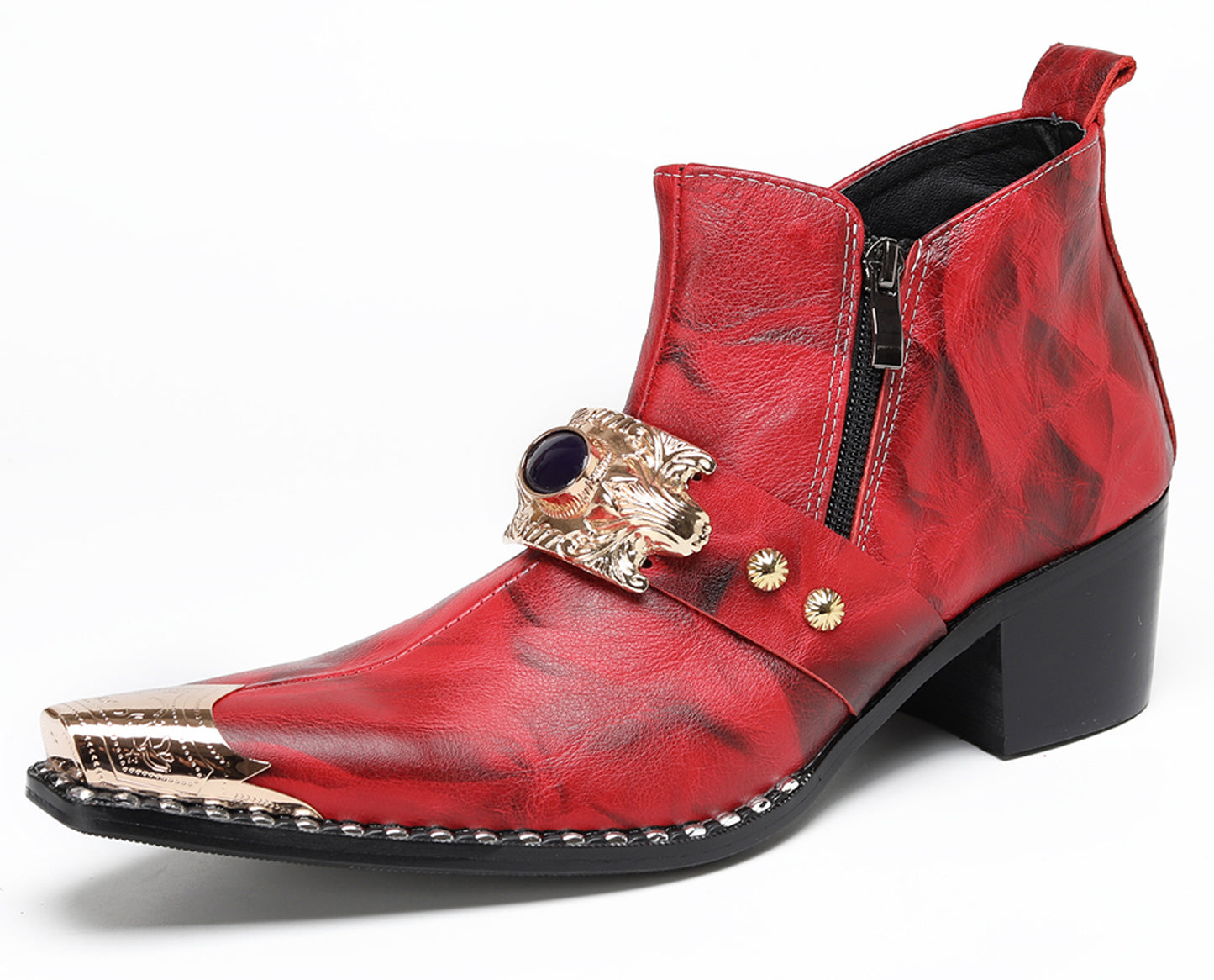 Mens Black Gemstone Chain Double Zipper Western Boots