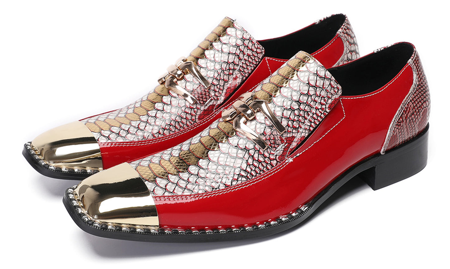 Mens Genuine Leather Sequin Metal Square Toe Western Loafers