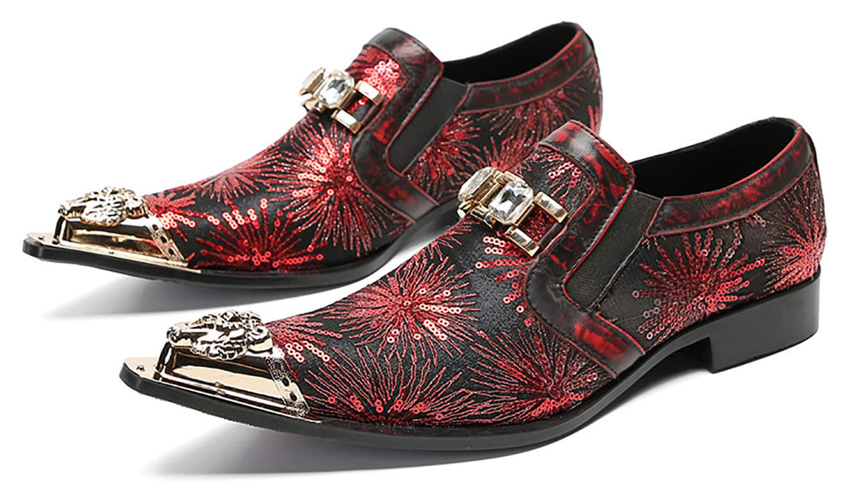 Mens Metal Tip Toe Sequins Fireworks White Diamond Chain Western Loafers