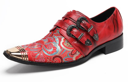 Mens Metal Toe Cap Floral Embroidered Monk Strap Buckle Western Loafers