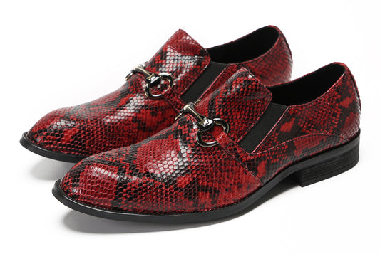 Mens Red Dress Crocodile Printed Gold Buckle Loafers