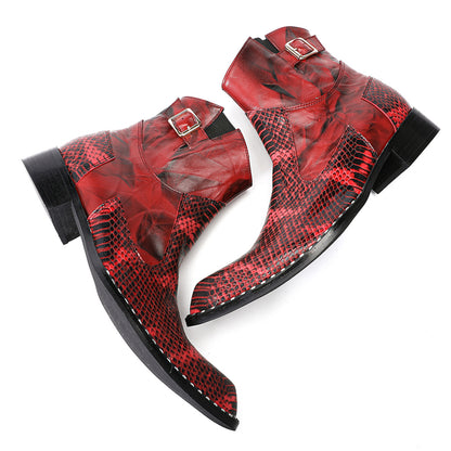 Mens Top-Grain Leather Snake-Embossed Cowboy Western Ankle Boots