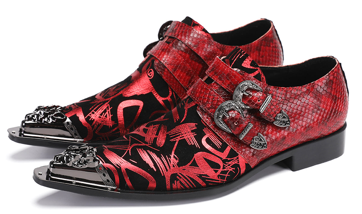 Mens Party Casual Double Buckle Floral Western Loafers
