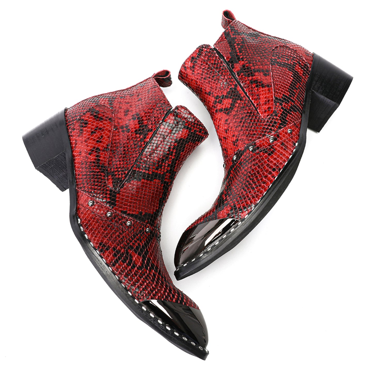 Mens Red Snake Embossed Leather Metal Toe Zip Ankle Western Boots