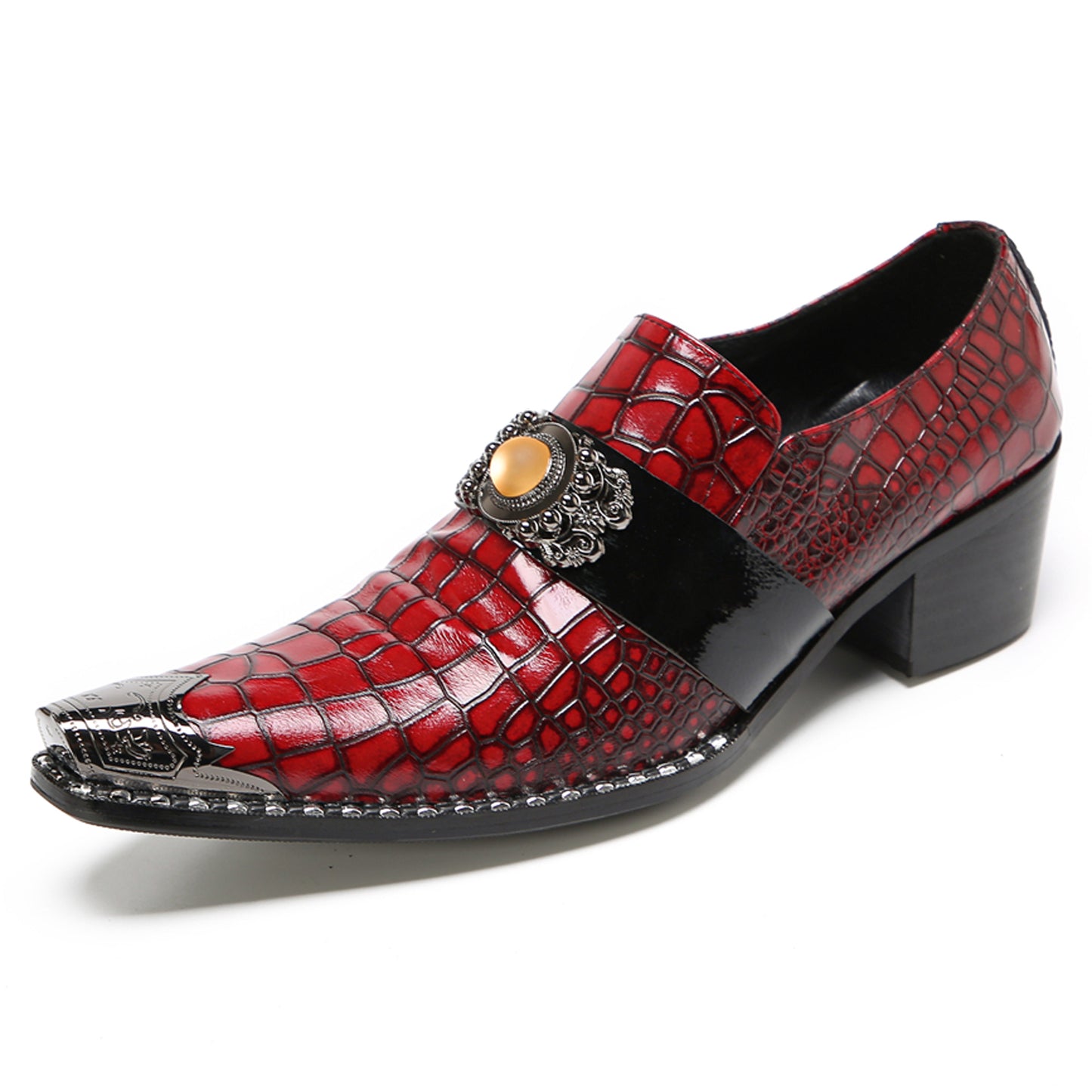 Mens Top-Grain Leather Red Crocodile Embossed Slip-On Western Loafers